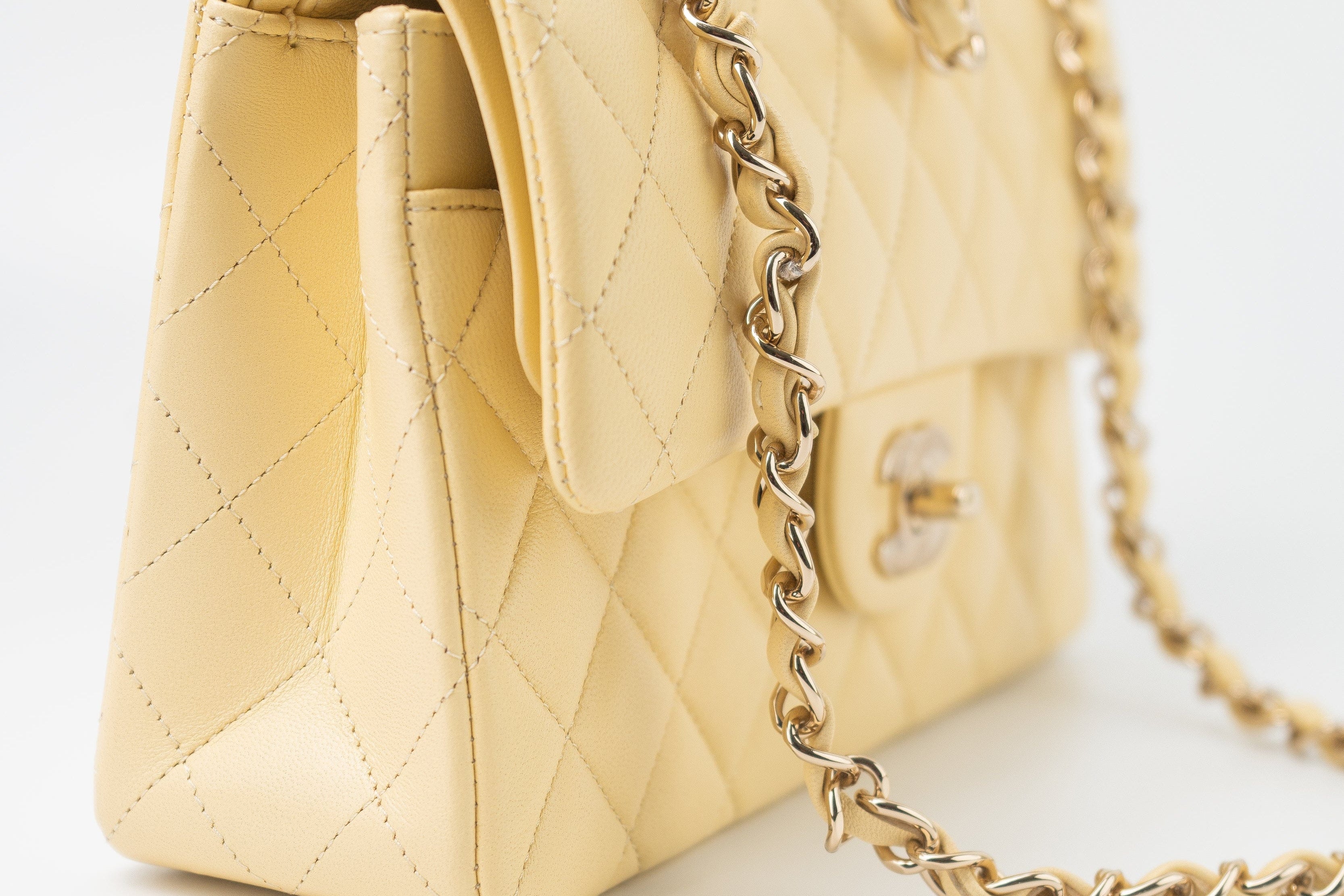 CHANEL Handbag 21C Yellow Lambskin Quilted Classic Flap Small Light Gold Hardware - Redeluxe