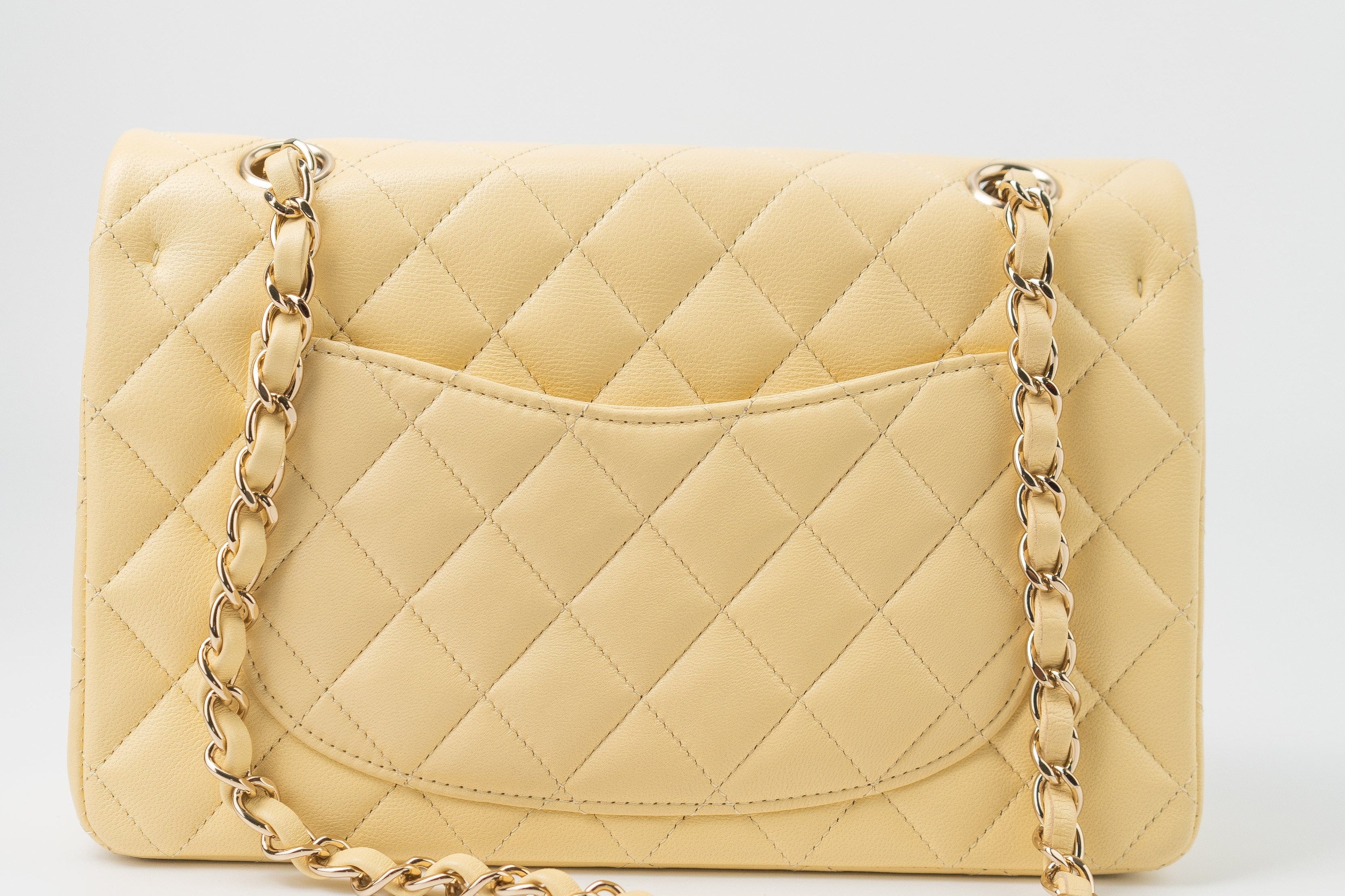 CHANEL Handbag 21C Yellow Lambskin Quilted Classic Flap Small Light Gold Hardware - Redeluxe