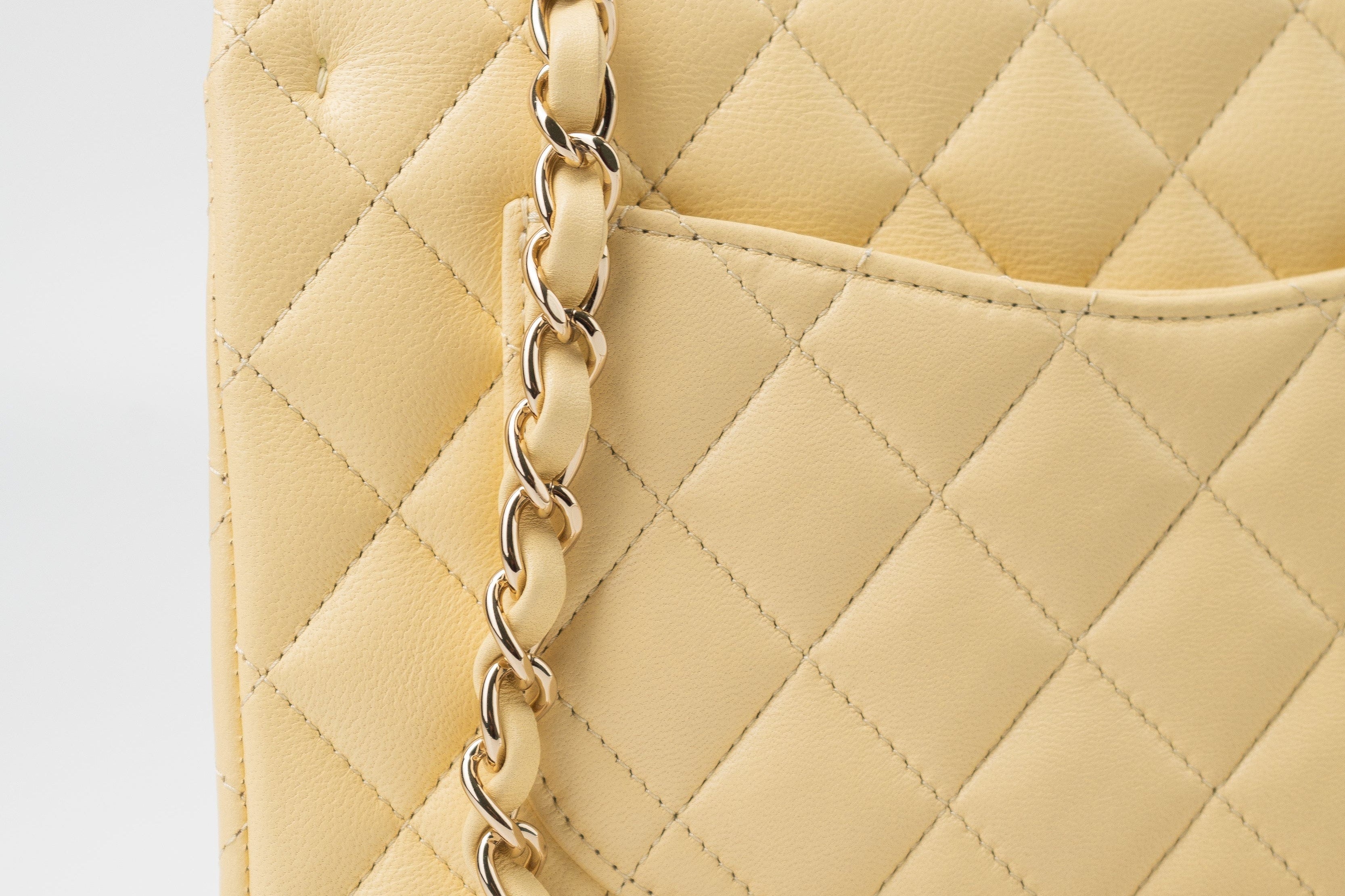 CHANEL Handbag 21C Yellow Lambskin Quilted Classic Flap Small Light Gold Hardware - Redeluxe