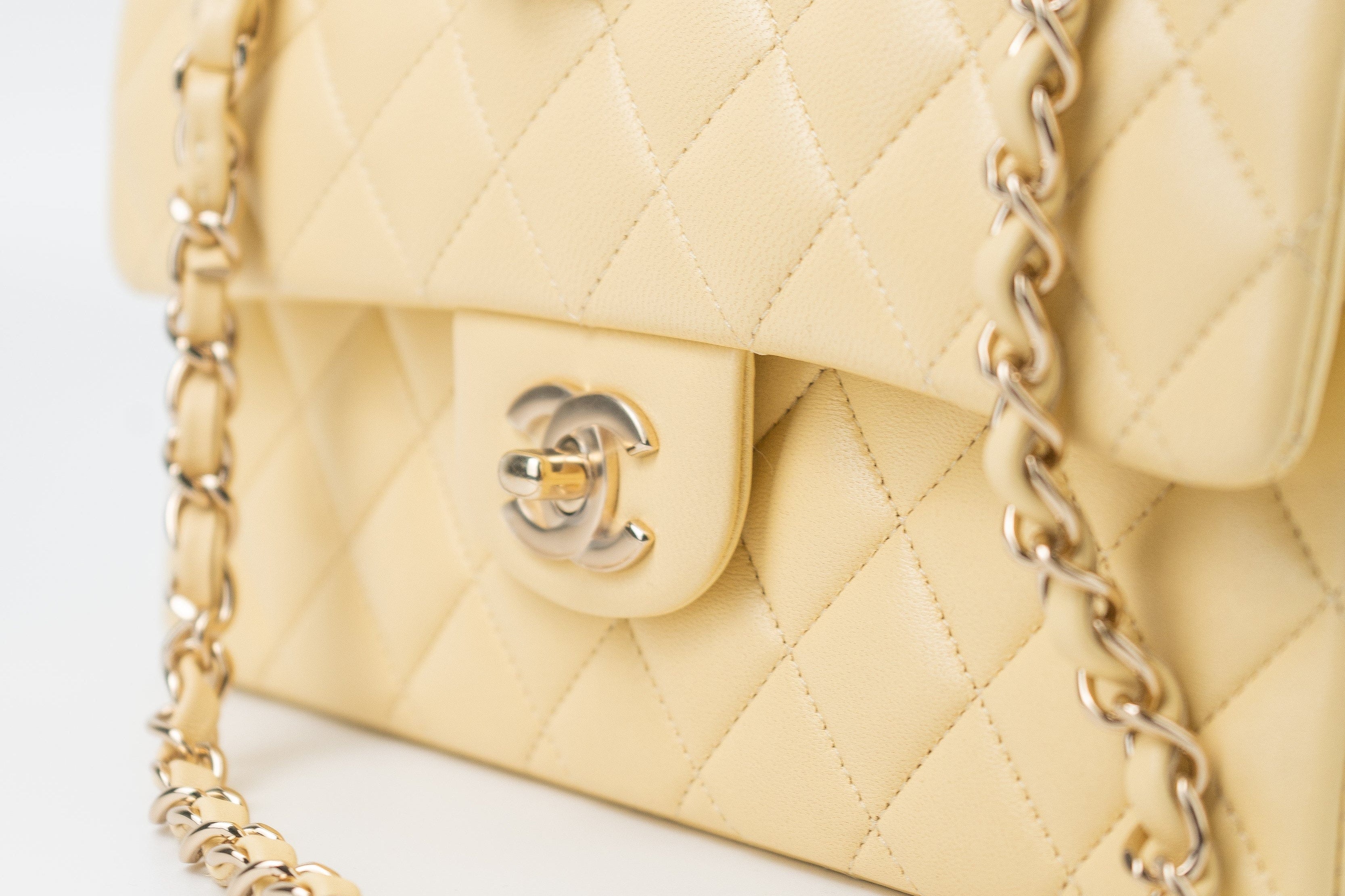 CHANEL Handbag 21C Yellow Lambskin Quilted Classic Flap Small Light Gold Hardware - Redeluxe