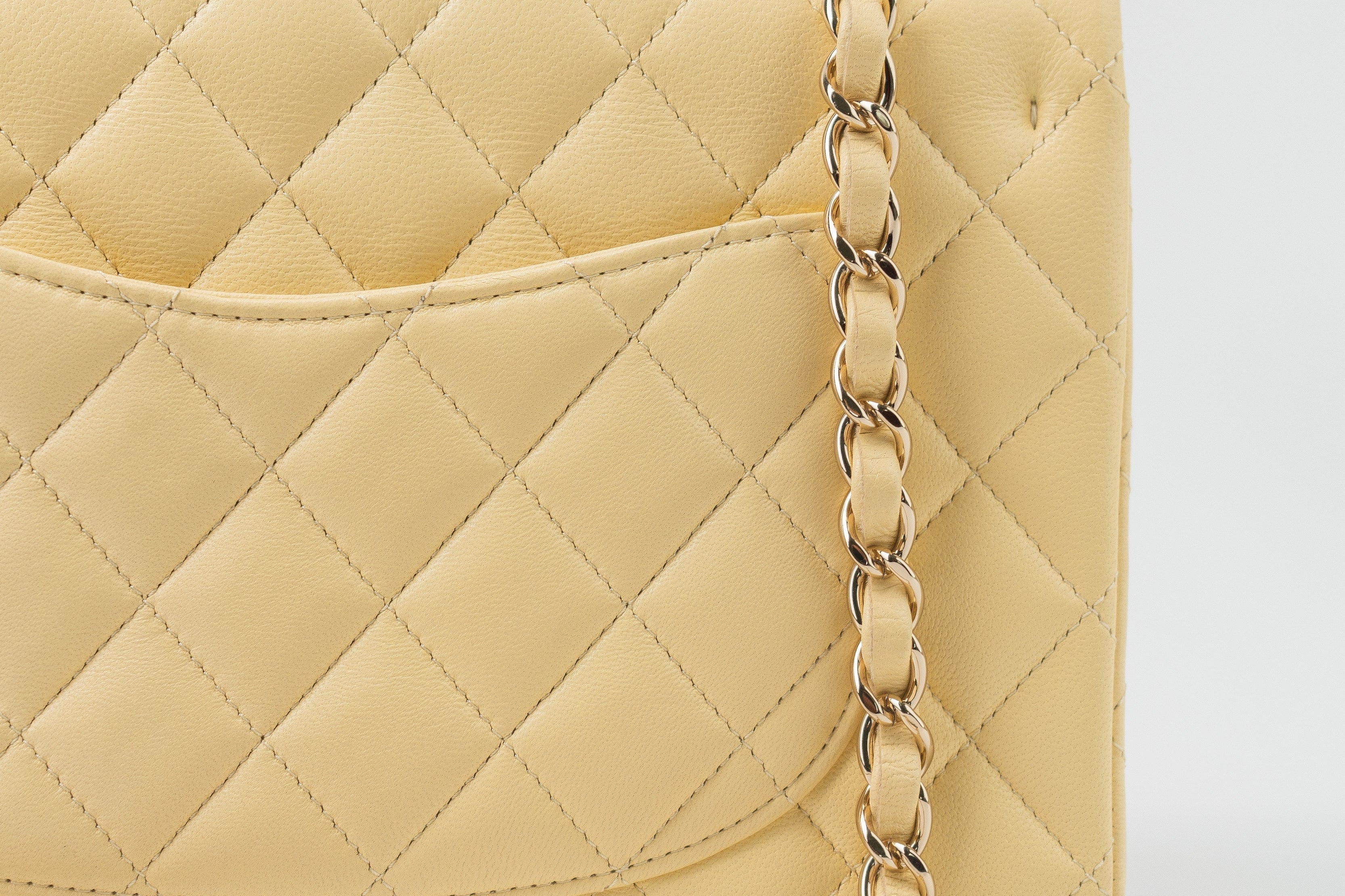 CHANEL Handbag 21C Yellow Lambskin Quilted Classic Flap Small Light Gold Hardware - Redeluxe
