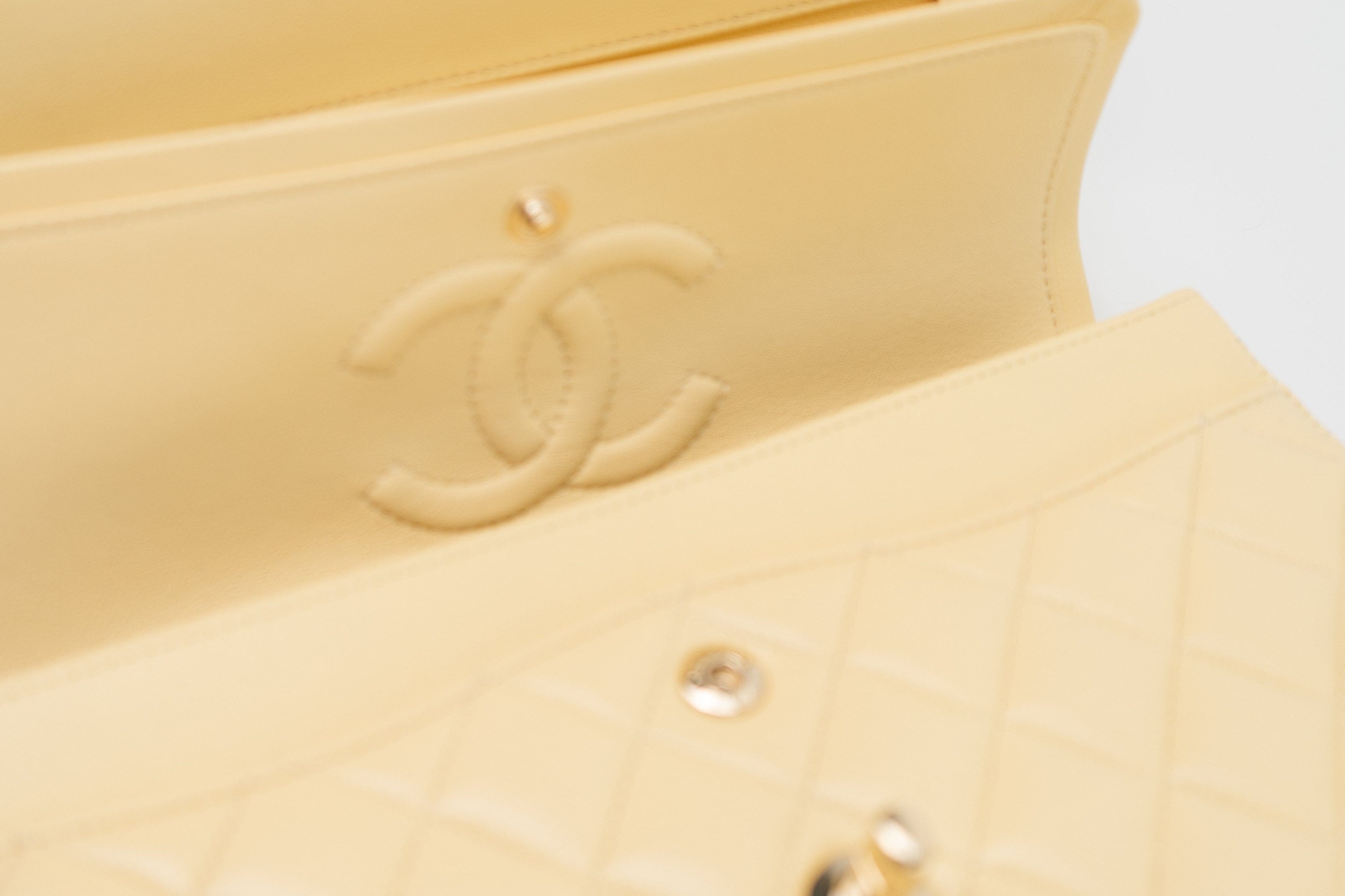 CHANEL Handbag 21C Yellow Lambskin Quilted Classic Flap Small Light Gold Hardware - Redeluxe