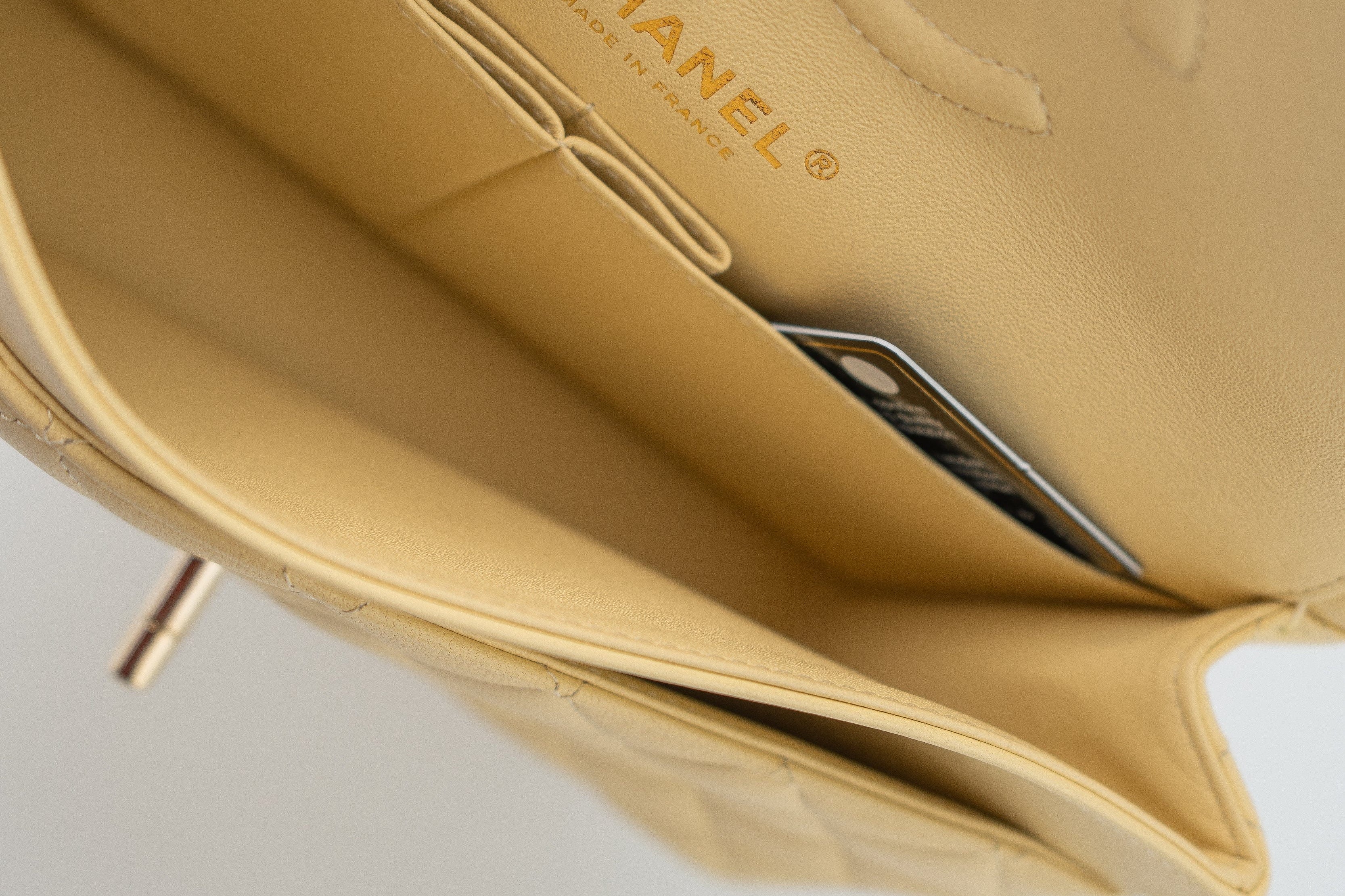 CHANEL Handbag 21C Yellow Lambskin Quilted Classic Flap Small Light Gold Hardware - Redeluxe