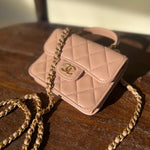 CHANEL Handbag 21K Beige Micro Lambskin Quilted Top Handle Flap Coin Purse with Chain - Redeluxe