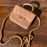 CHANEL Handbag 21K Beige Micro Lambskin Quilted Top Handle Flap Coin Purse with Chain - Redeluxe