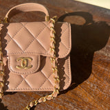 CHANEL Handbag 21K Beige Micro Lambskin Quilted Top Handle Flap Coin Purse with Chain - Redeluxe