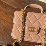 CHANEL Handbag 21K Beige Micro Lambskin Quilted Top Handle Flap Coin Purse with Chain - Redeluxe