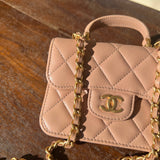 CHANEL Handbag 21K Beige Micro Lambskin Quilted Top Handle Flap Coin Purse with Chain - Redeluxe