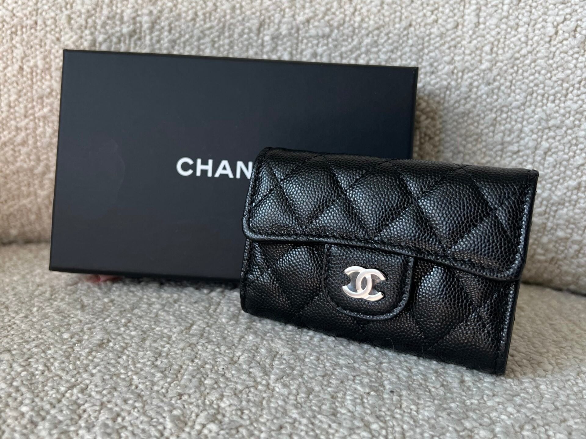 CHANEL Handbag 21K Black Caviar Quilted Key Holder Wallet Silver Hardware - Redeluxe