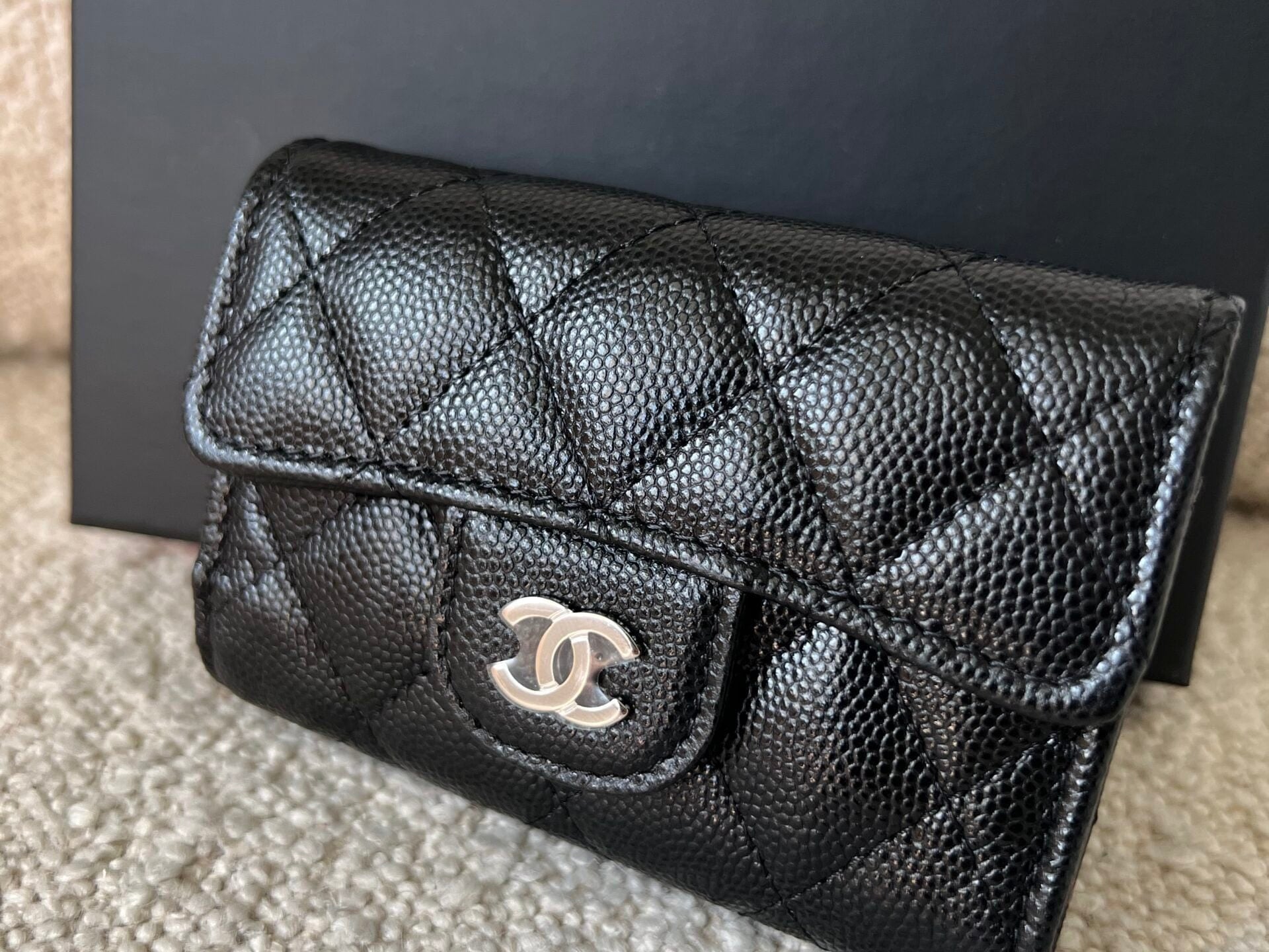 CHANEL Handbag 21K Black Caviar Quilted Key Holder Wallet Silver Hardware - Redeluxe