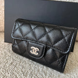 CHANEL Handbag 21K Black Caviar Quilted Key Holder Wallet Silver Hardware - Redeluxe