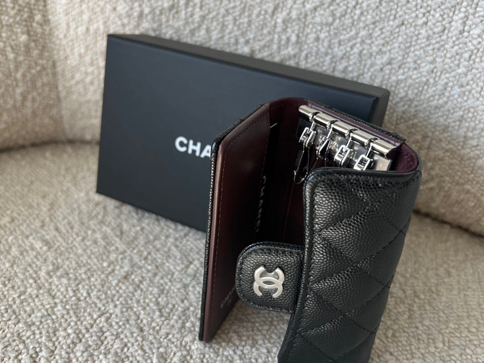 CHANEL Handbag 21K Black Caviar Quilted Key Holder Wallet Silver Hardware - Redeluxe