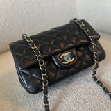CHANEL Handbag 21K Black Lambskin Quilted Mini Rectangular Single Flap Light Gold Hardware - Redeluxe