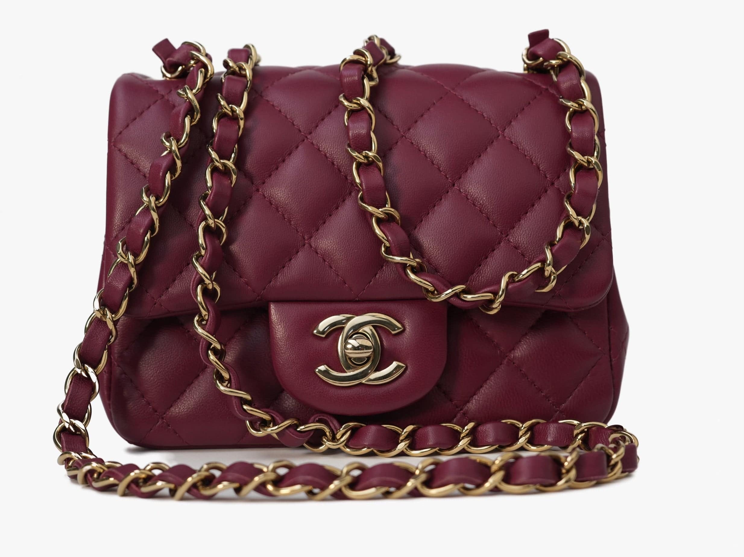 CHANEL Handbag 21K Burgundy Lambskin Quilted Mini Square Flap - Redeluxe