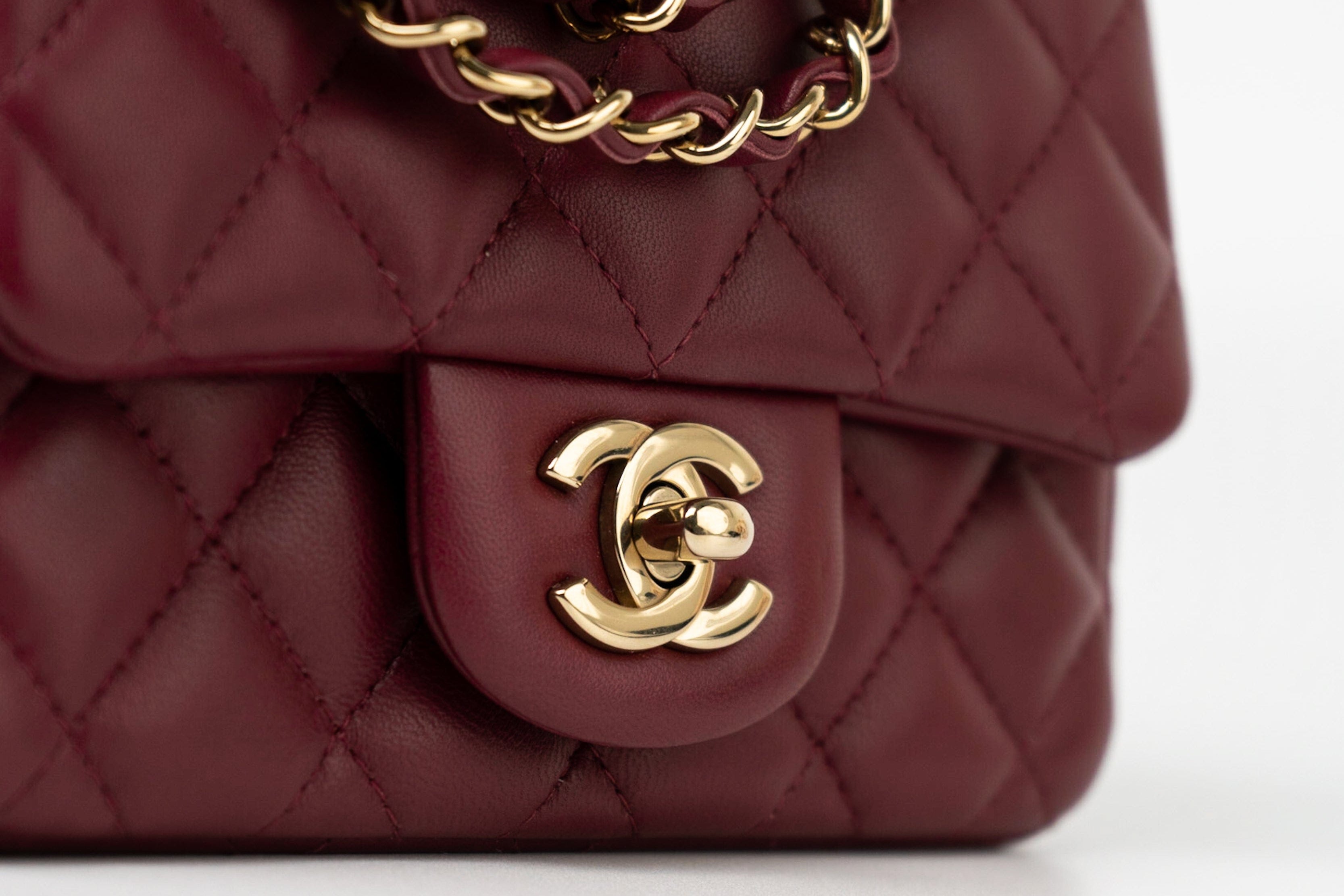 CHANEL Handbag 21K Burgundy Lambskin Quilted Mini Square Flap - Redeluxe