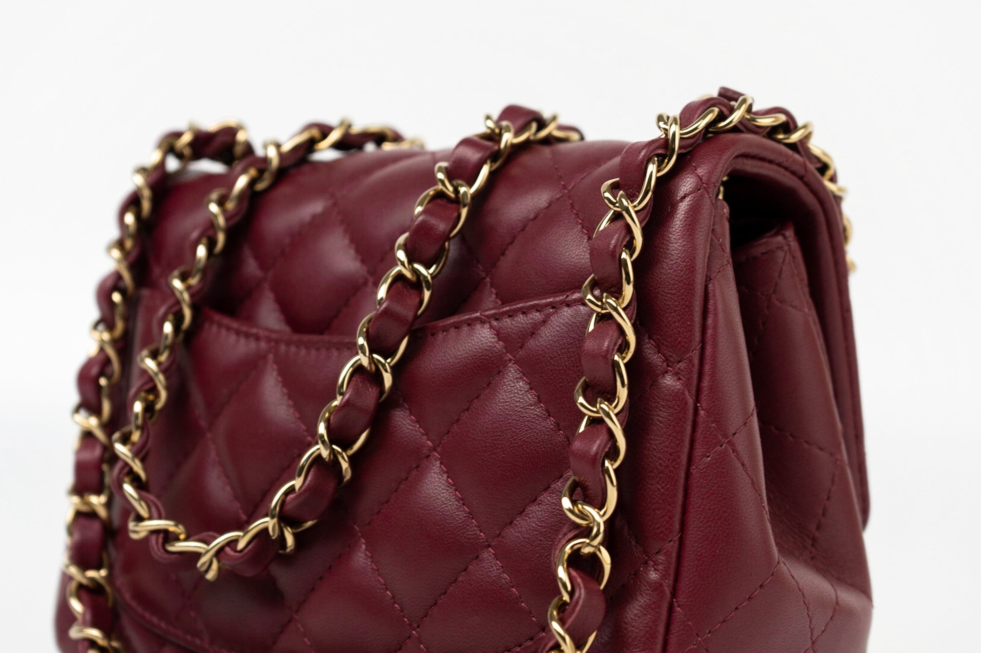 CHANEL Handbag 21K Burgundy Lambskin Quilted Mini Square Flap - Redeluxe