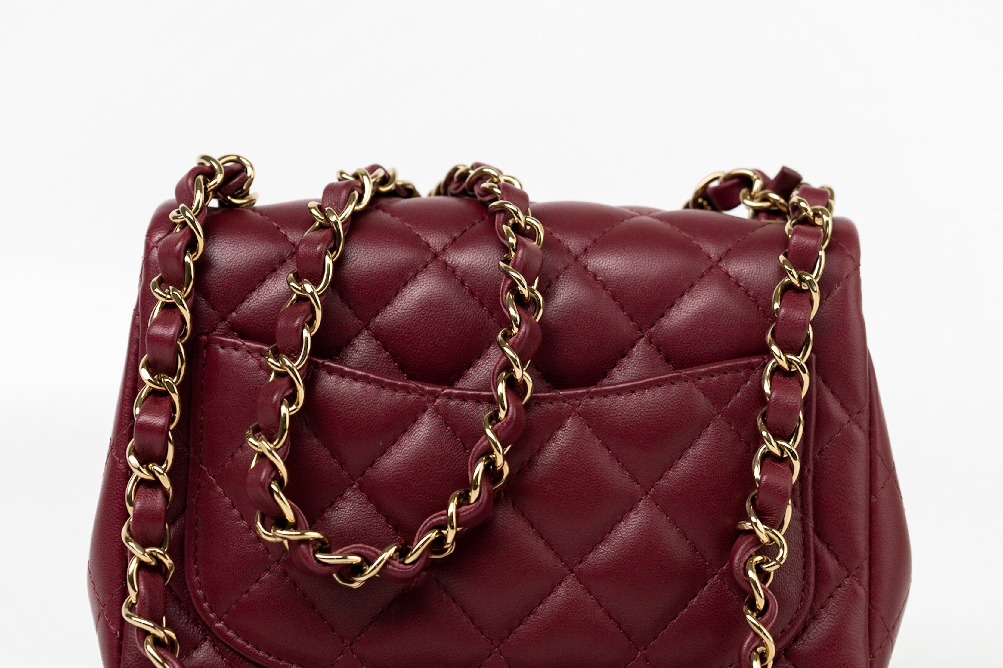 CHANEL Handbag 21K Burgundy Lambskin Quilted Mini Square Flap - Redeluxe