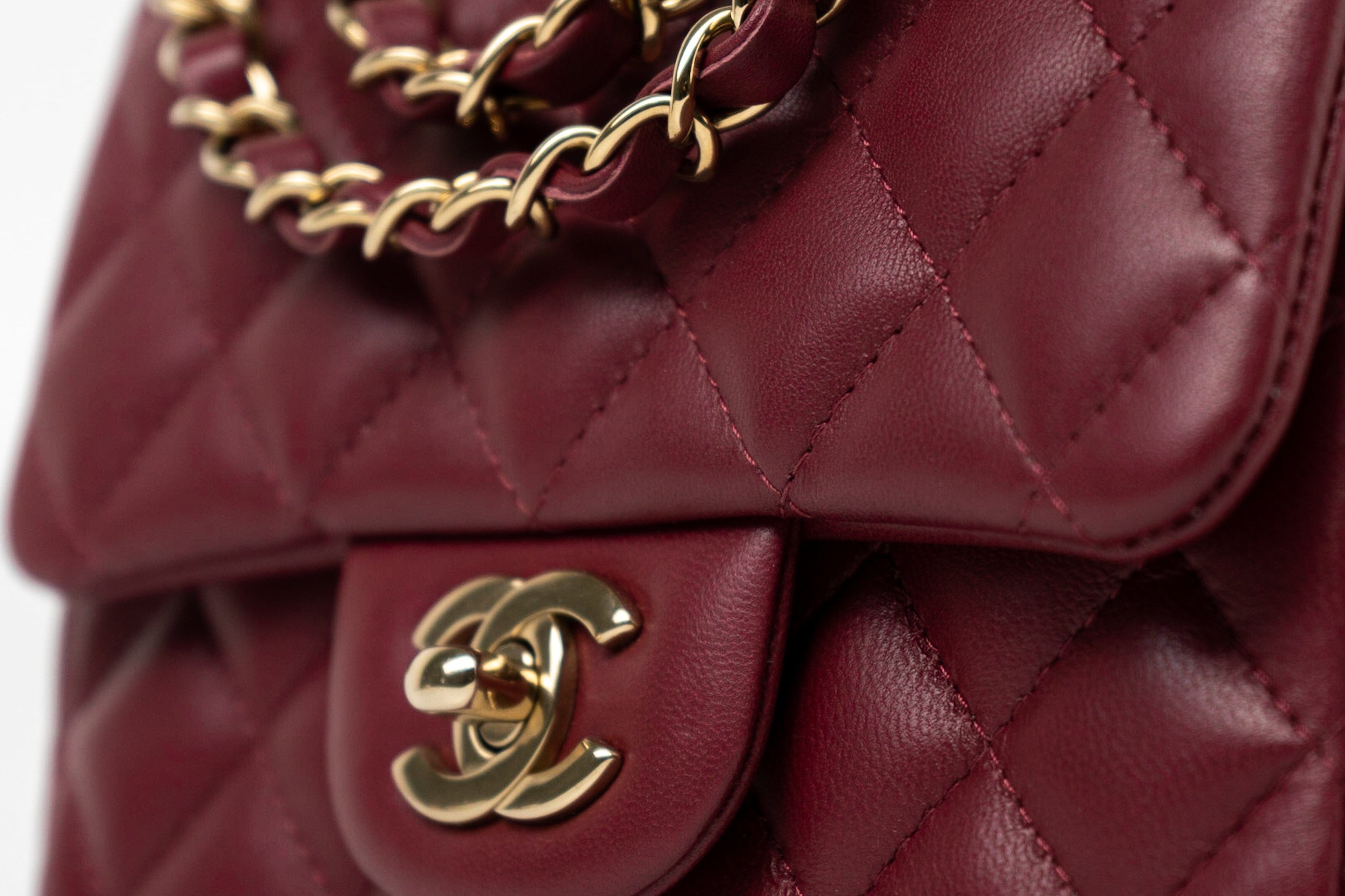 CHANEL Handbag 21K Burgundy Lambskin Quilted Mini Square Flap - Redeluxe
