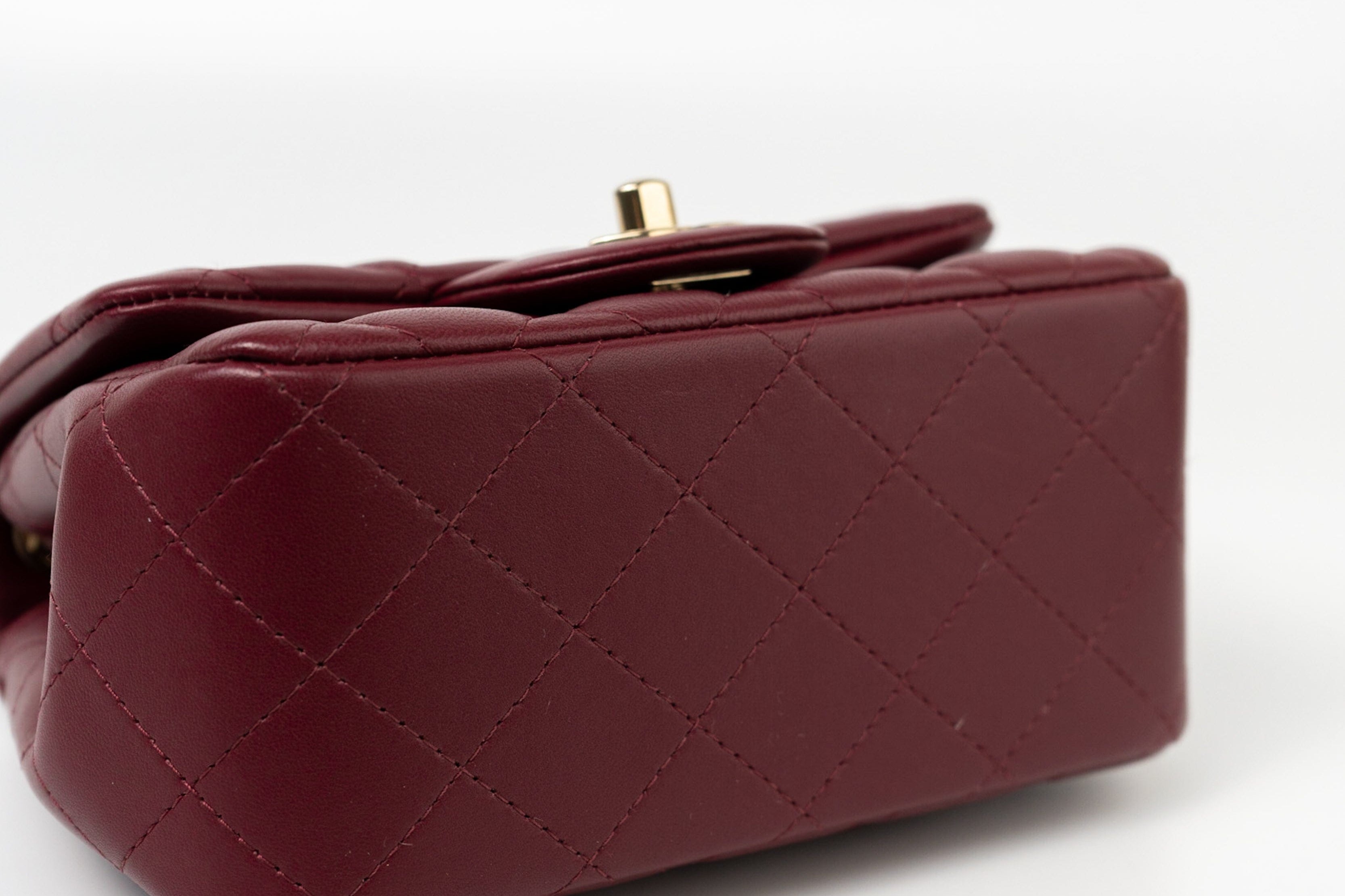 CHANEL Handbag 21K Burgundy Lambskin Quilted Mini Square Flap - Redeluxe