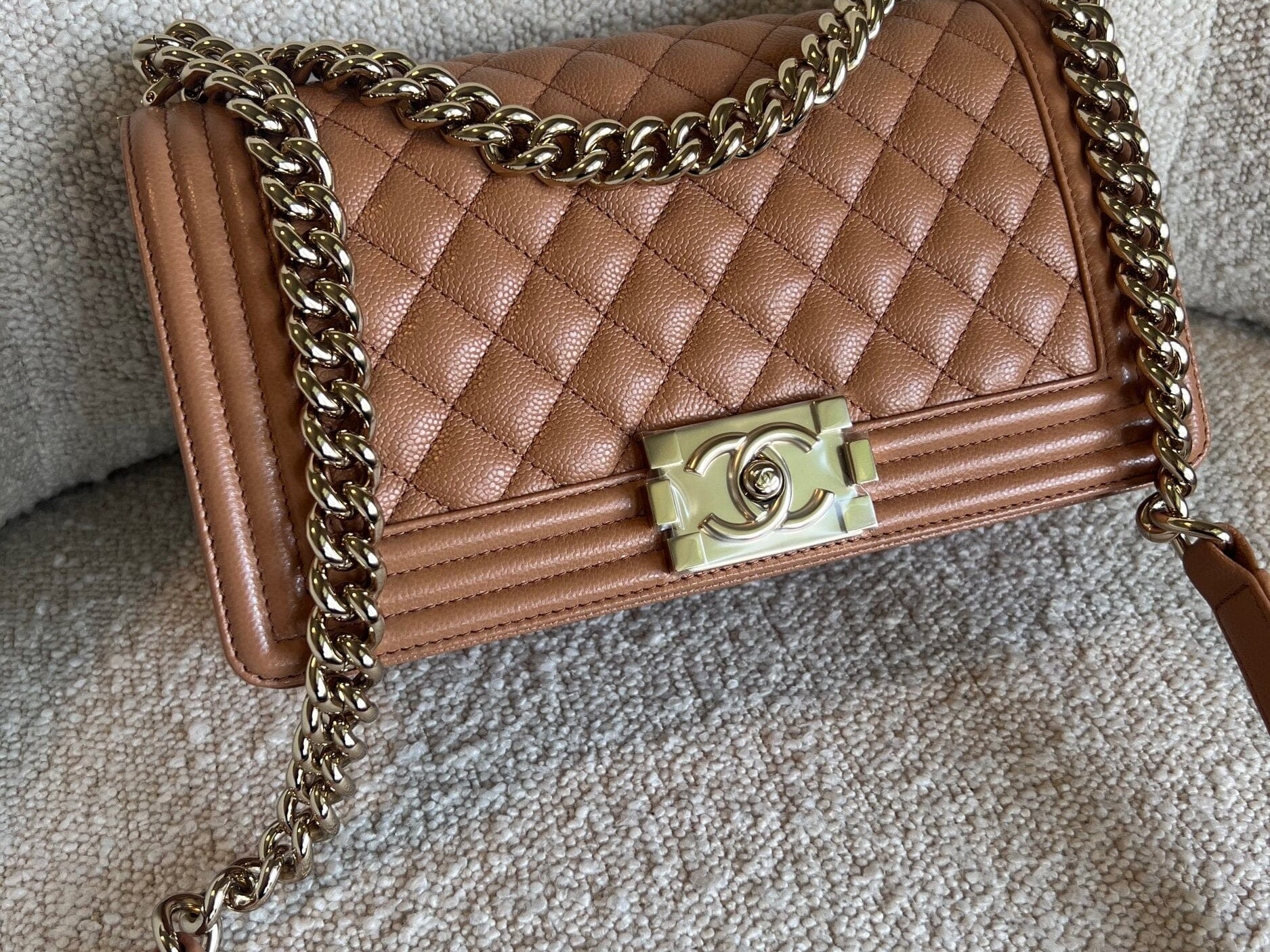 CHANEL Handbag 21K Caramel Caviar Quilted Old Medium Boy Bag LGHW - Redeluxe