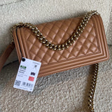 CHANEL Handbag 21K Caramel Caviar Quilted Old Medium Boy Bag LGHW - Redeluxe