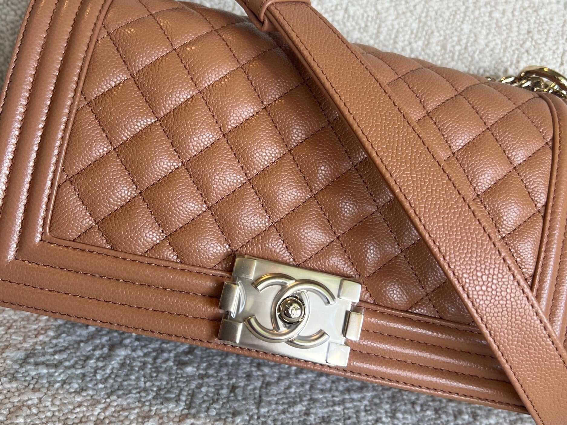CHANEL Handbag 21K Caramel Caviar Quilted Old Medium Boy Bag LGHW - Redeluxe