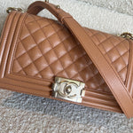 CHANEL Handbag 21K Caramel Caviar Quilted Old Medium Boy Bag LGHW - Redeluxe