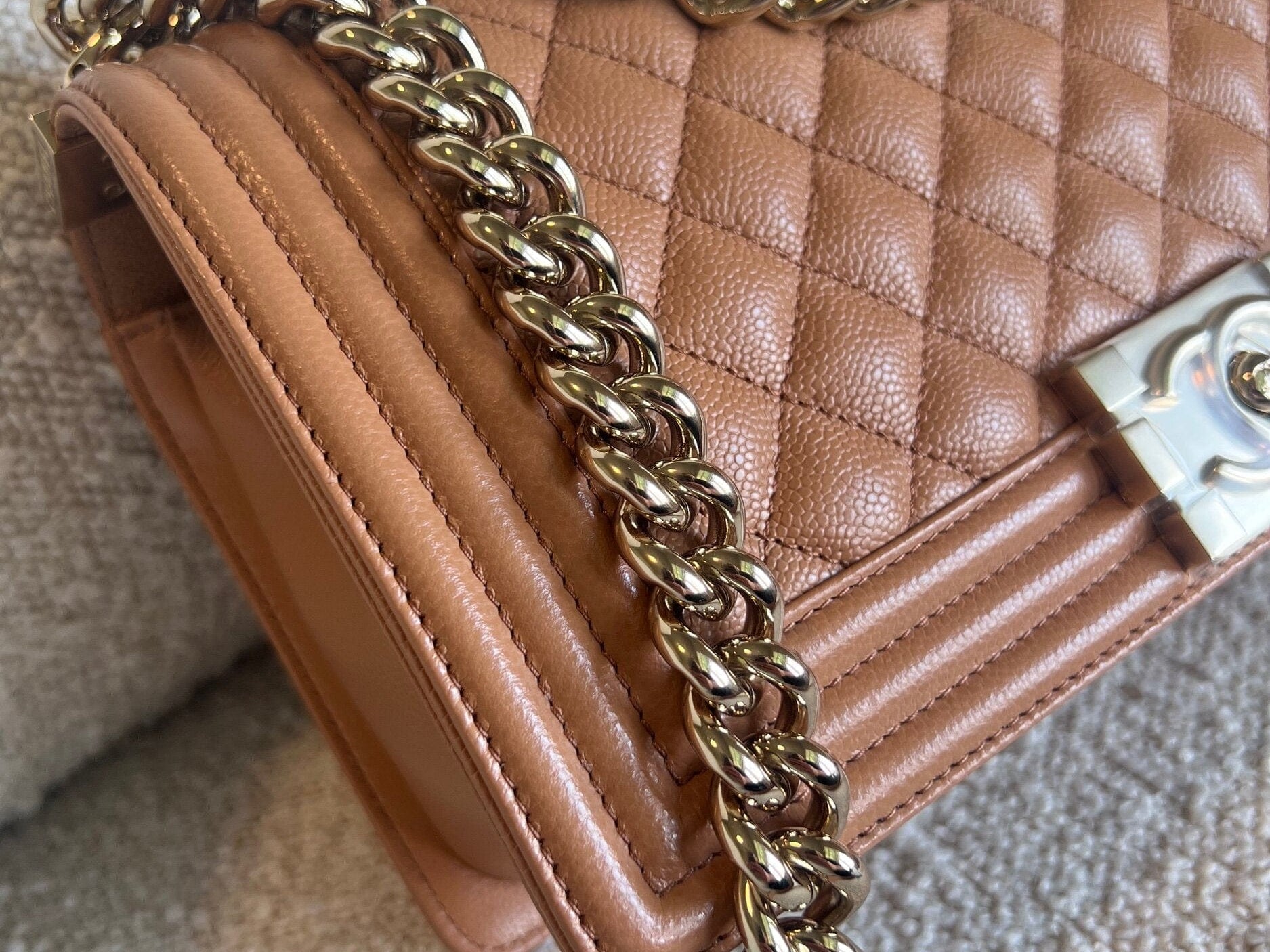 CHANEL Handbag 21K Caramel Caviar Quilted Old Medium Boy Bag LGHW - Redeluxe
