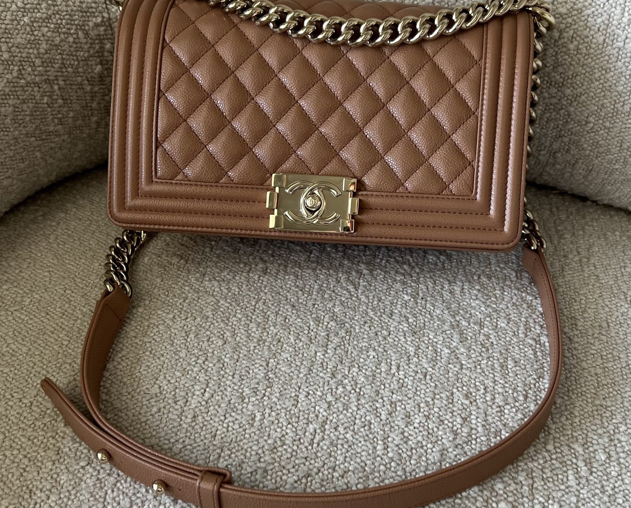 CHANEL Handbag 21K Caramel Caviar Quilted Old Medium Boy Bag LGHW - - Redeluxe