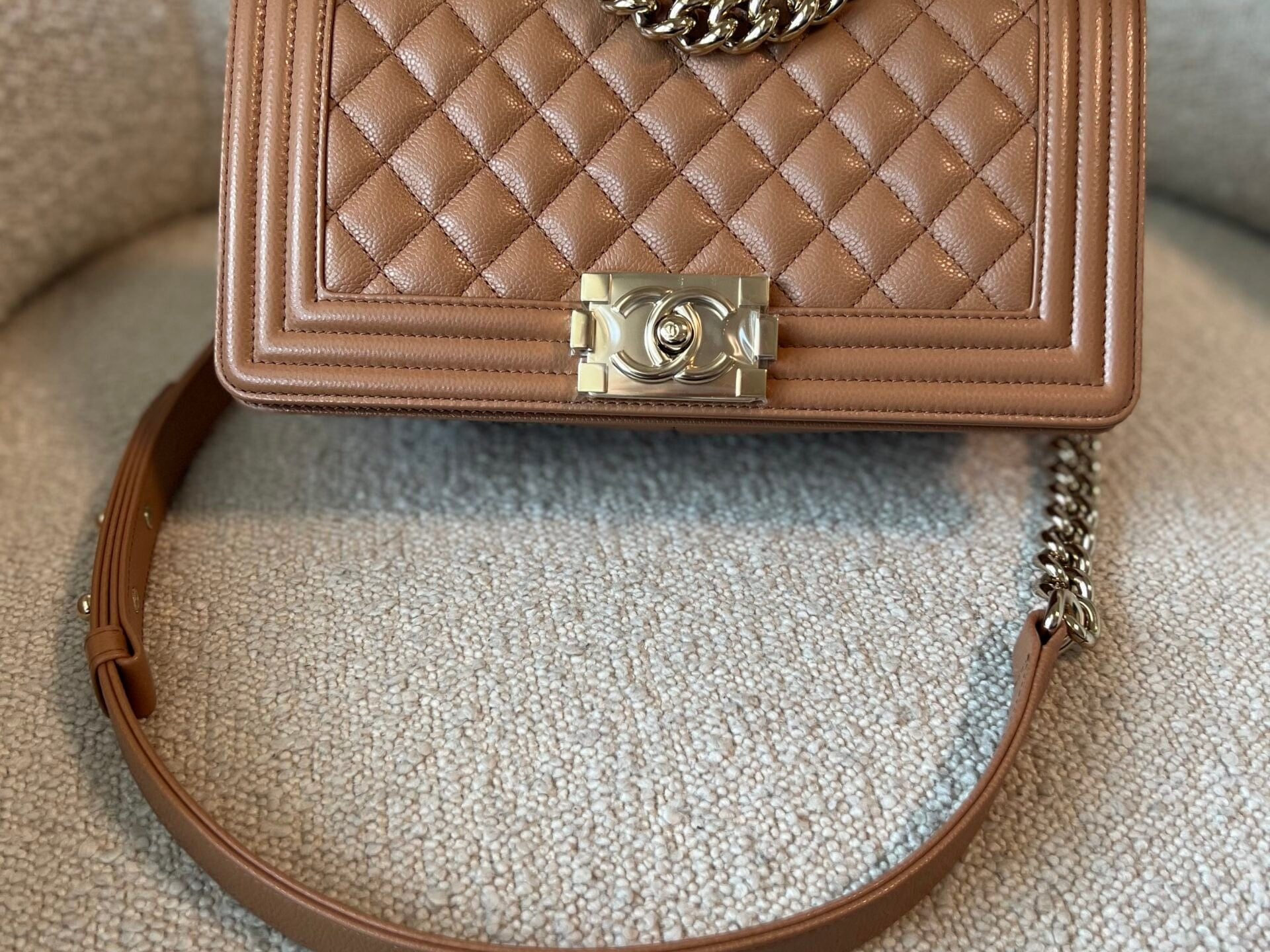 CHANEL Handbag 21K Caramel Caviar Quilted Old Medium Boy Bag LGHW - Redeluxe