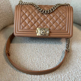 CHANEL Handbag 21K Caramel Caviar Quilted Old Medium Boy Bag LGHW - Redeluxe