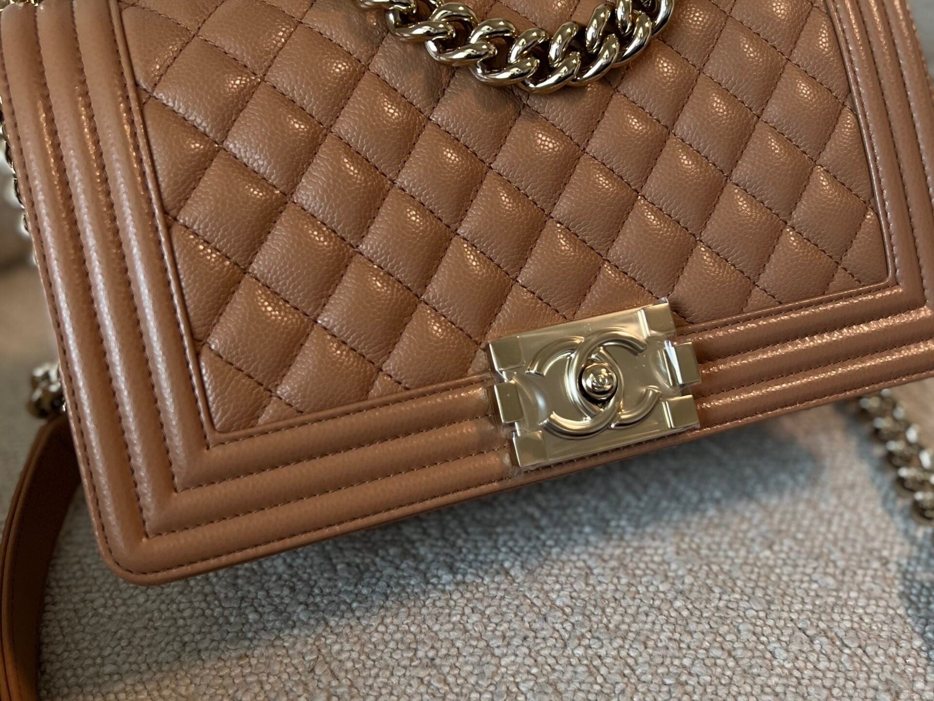 CHANEL Handbag 21K Caramel Caviar Quilted Old Medium Boy Bag LGHW - Redeluxe