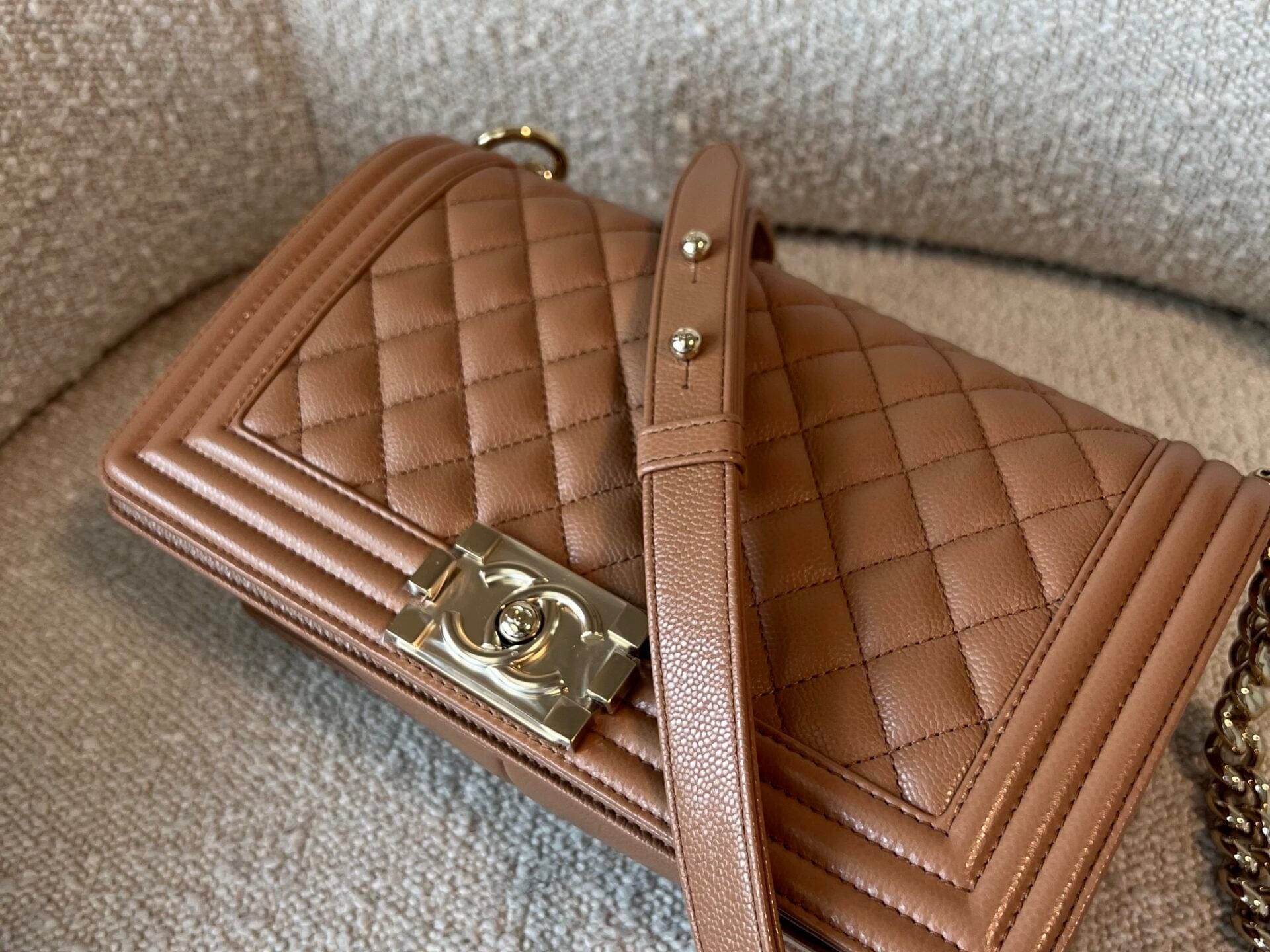 CHANEL Handbag 21K Caramel Caviar Quilted Old Medium Boy Bag LGHW - Redeluxe