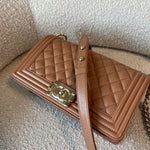 CHANEL Handbag 21K Caramel Caviar Quilted Old Medium Boy Bag LGHW - Redeluxe
