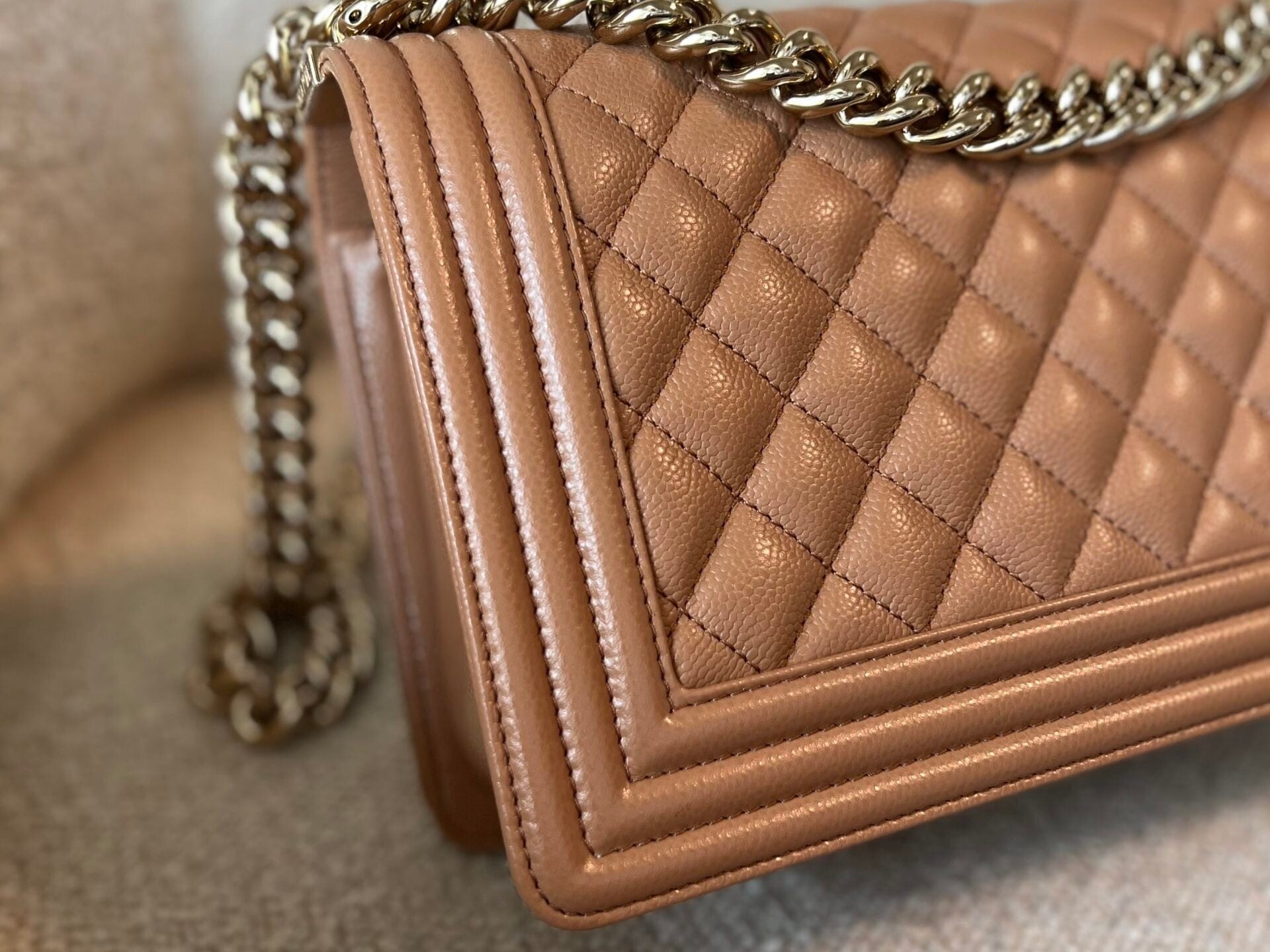 CHANEL Handbag 21K Caramel Caviar Quilted Old Medium Boy Bag LGHW - Redeluxe