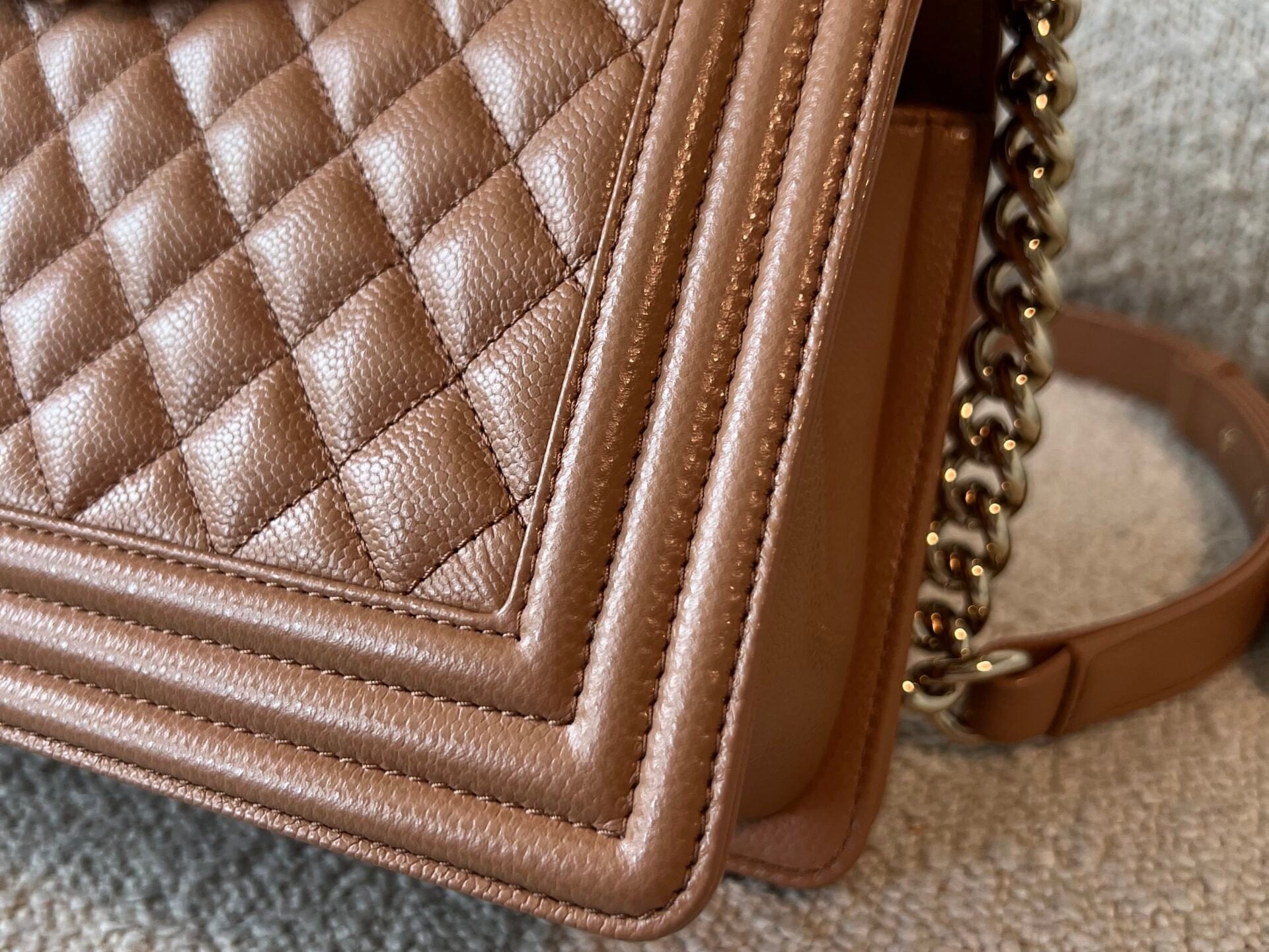 CHANEL Handbag 21K Caramel Caviar Quilted Old Medium Boy Bag LGHW - Redeluxe