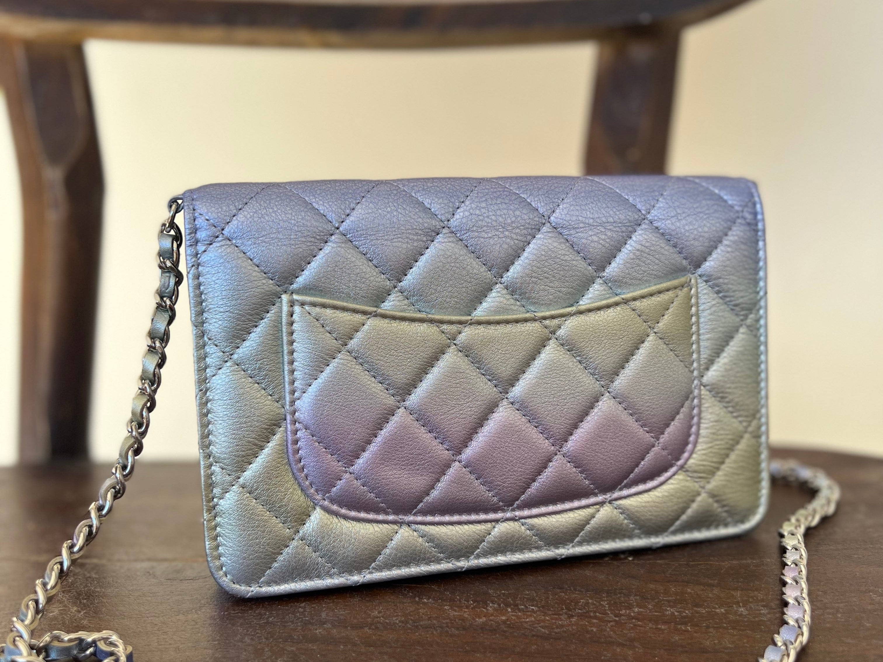 CHANEL Handbag 21K Gradient Metallic Rainbow Calfskin Quilted Wallet on Chain (WOC) - Redeluxe