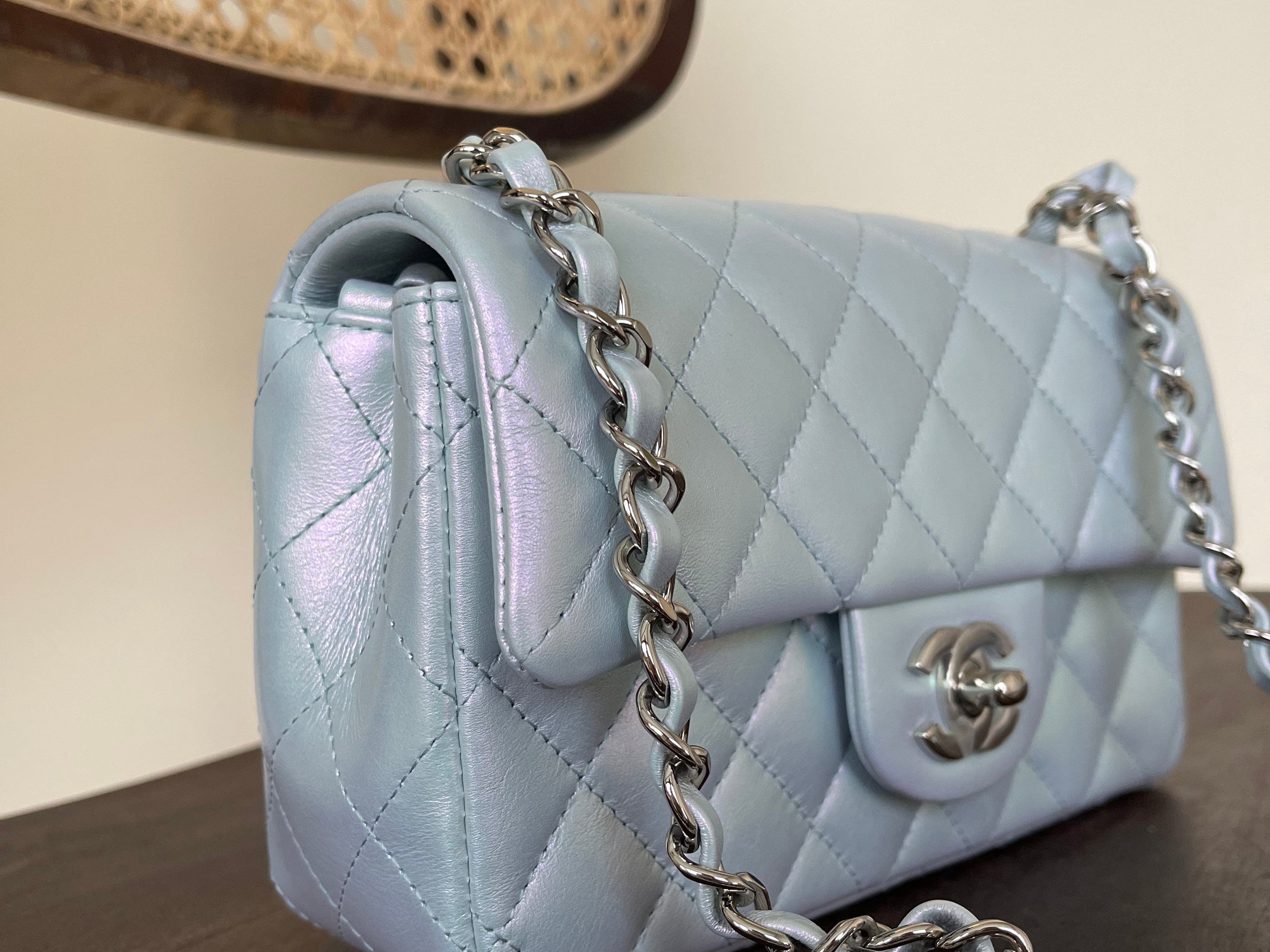 CHANEL Handbag 21K Iridescent Blue Calfskin Quilted Rectangular Mini SHW - Redeluxe