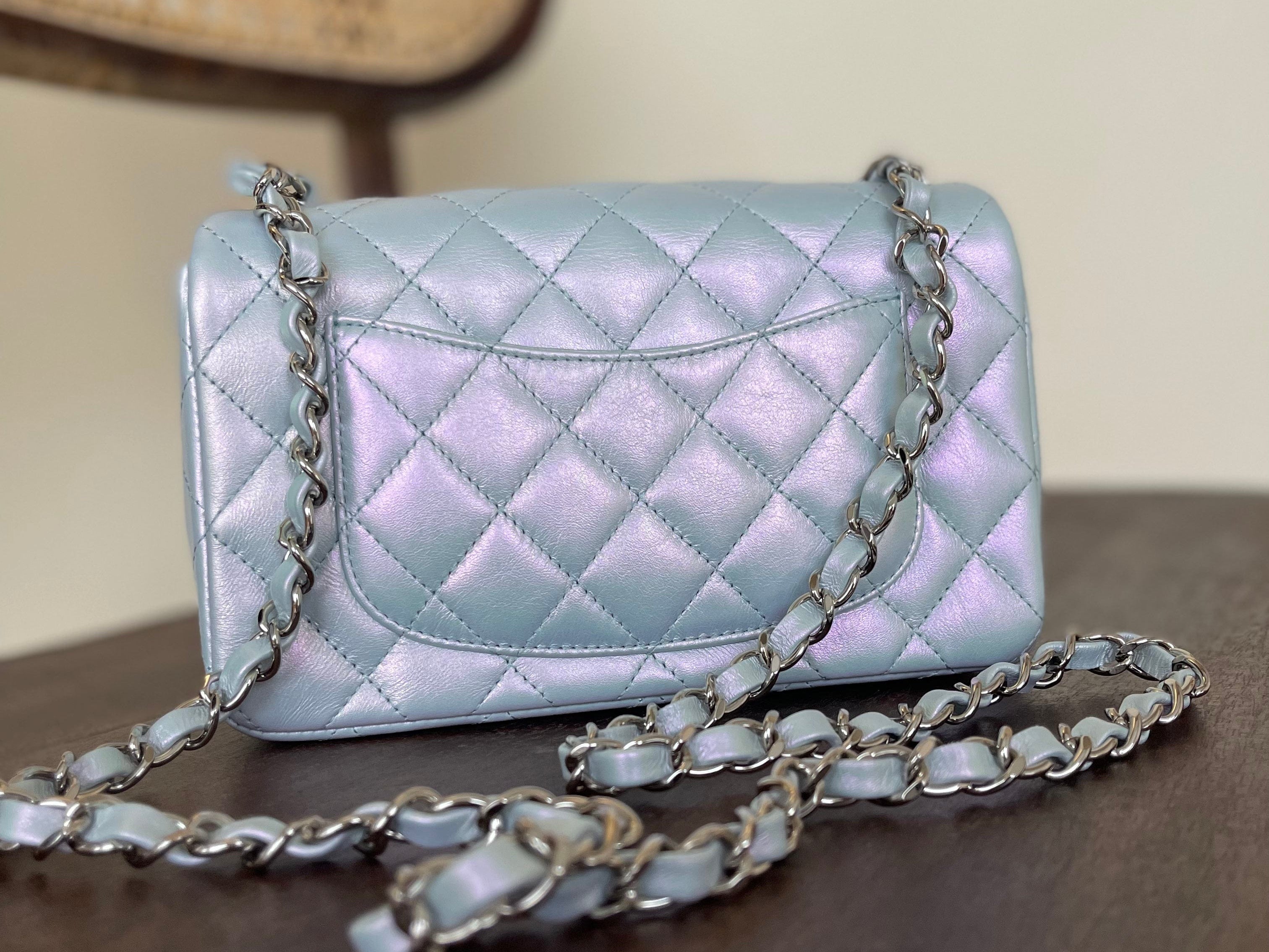 CHANEL Handbag 21K Iridescent Blue Calfskin Quilted Rectangular Mini SHW - Redeluxe