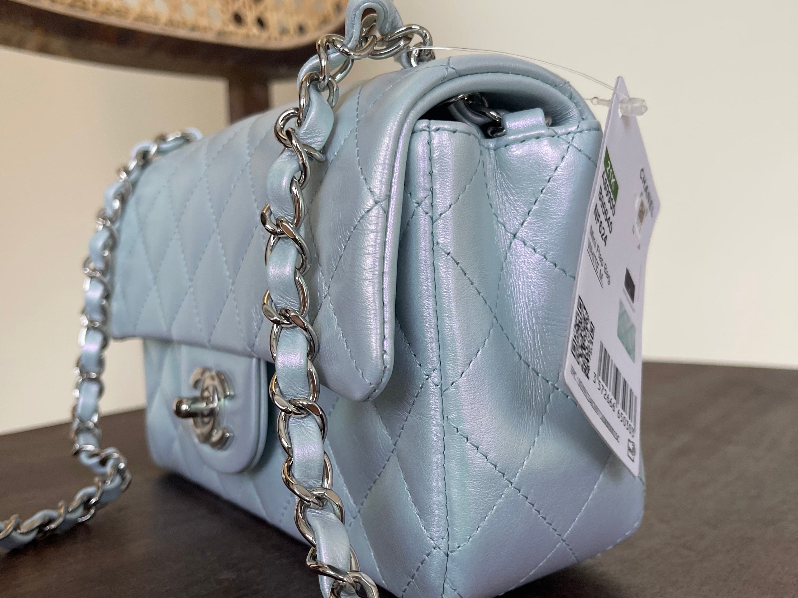 CHANEL Handbag 21K Iridescent Blue Calfskin Quilted Rectangular Mini SHW - Redeluxe