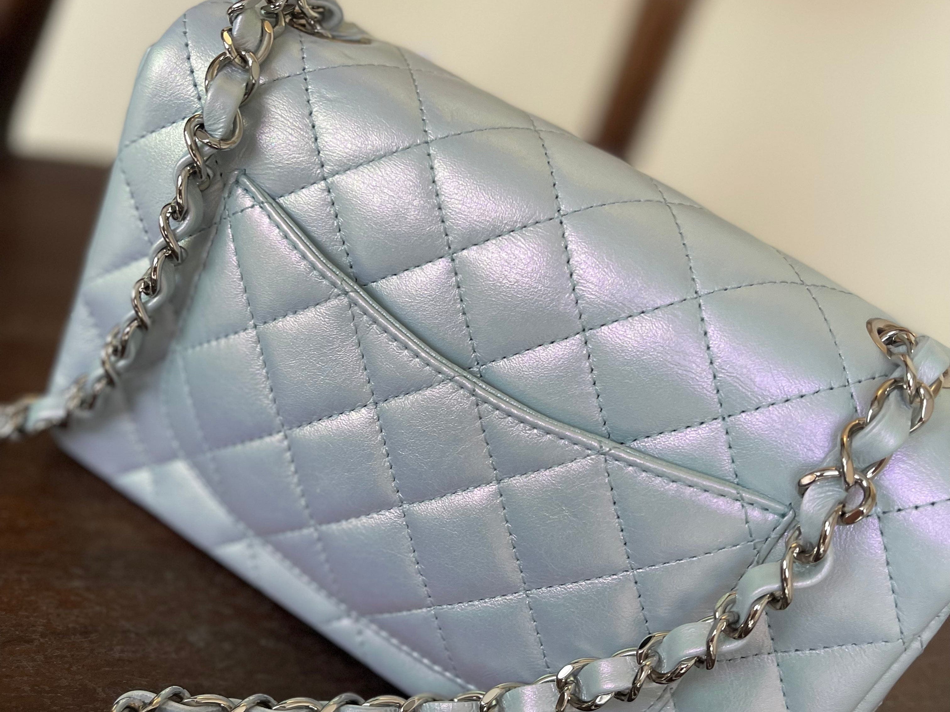 CHANEL Handbag 21K Iridescent Blue Calfskin Quilted Rectangular Mini SHW - Redeluxe