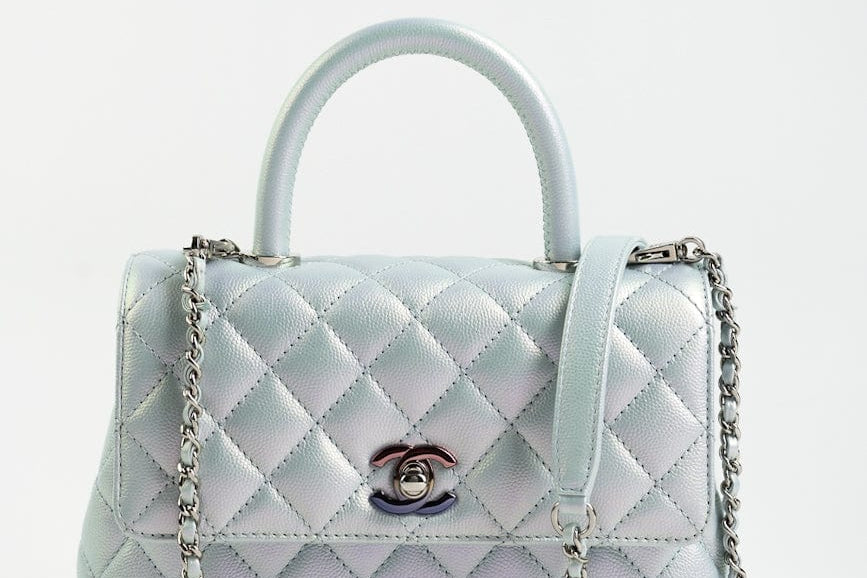 CHANEL Handbag 21K Iridescent Blue Caviar Quilted Coco Handle Small - Redeluxe
