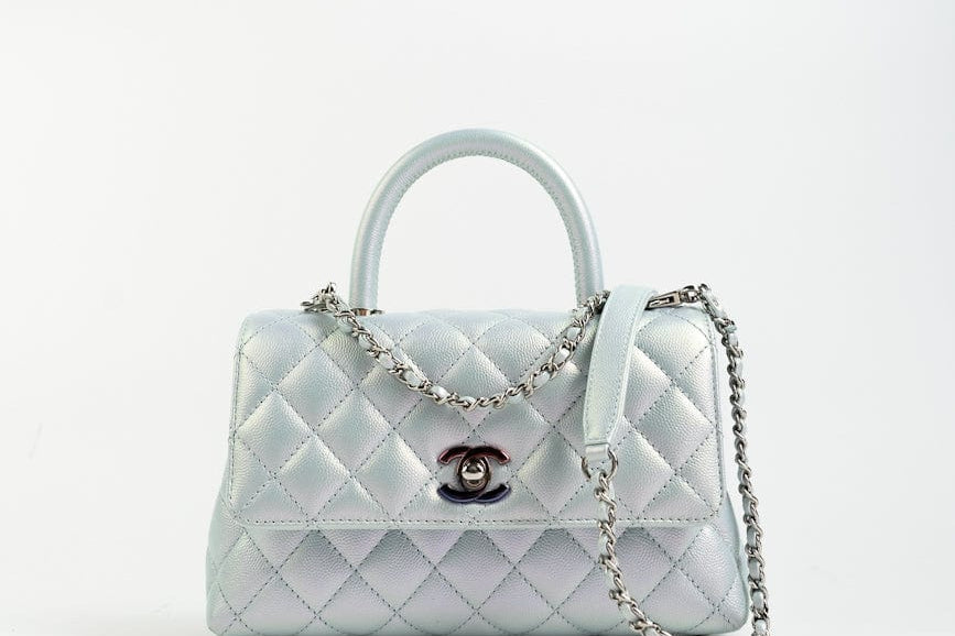 CHANEL Handbag 21K Iridescent Blue Caviar Quilted Coco Handle Small - Redeluxe