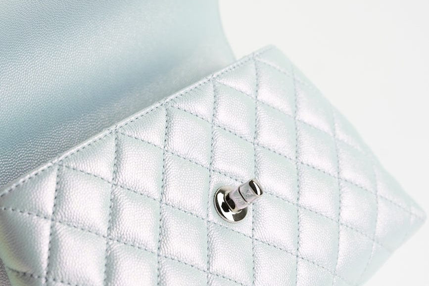 CHANEL Handbag 21K Iridescent Blue Caviar Quilted Coco Handle Small - Redeluxe