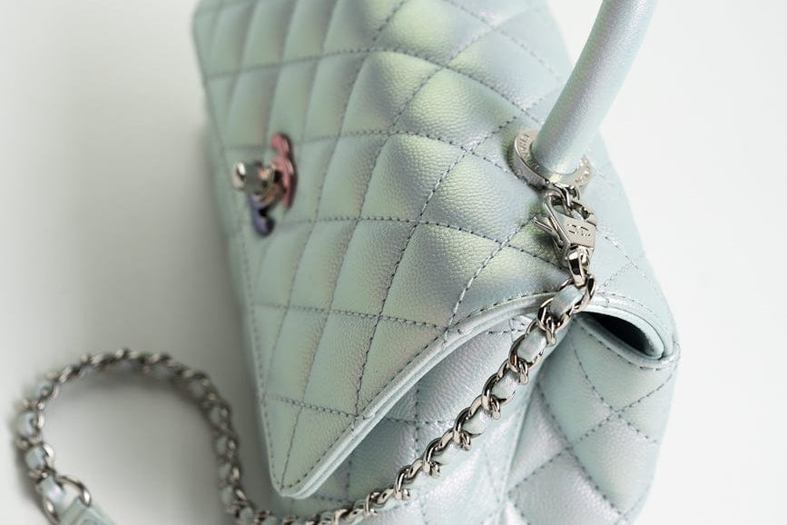 CHANEL Handbag 21K Iridescent Blue Caviar Quilted Coco Handle Small - Redeluxe