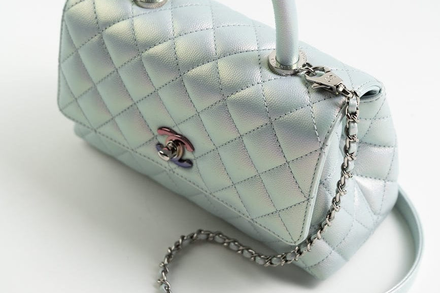 CHANEL Handbag 21K Iridescent Blue Caviar Quilted Coco Handle Small - Redeluxe