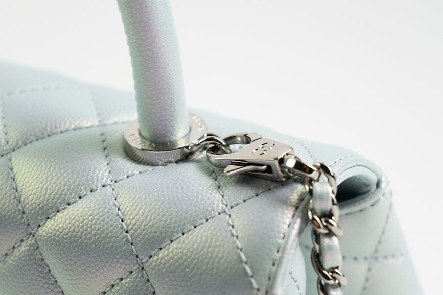 CHANEL Handbag 21K Iridescent Blue Caviar Quilted Coco Handle Small - Redeluxe
