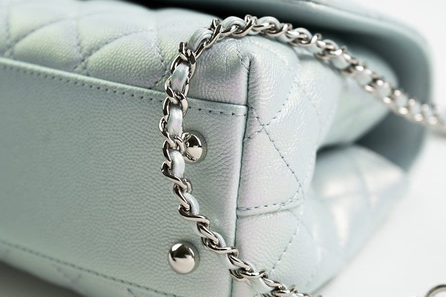 CHANEL Handbag 21K Iridescent Blue Caviar Quilted Coco Handle Small - Redeluxe