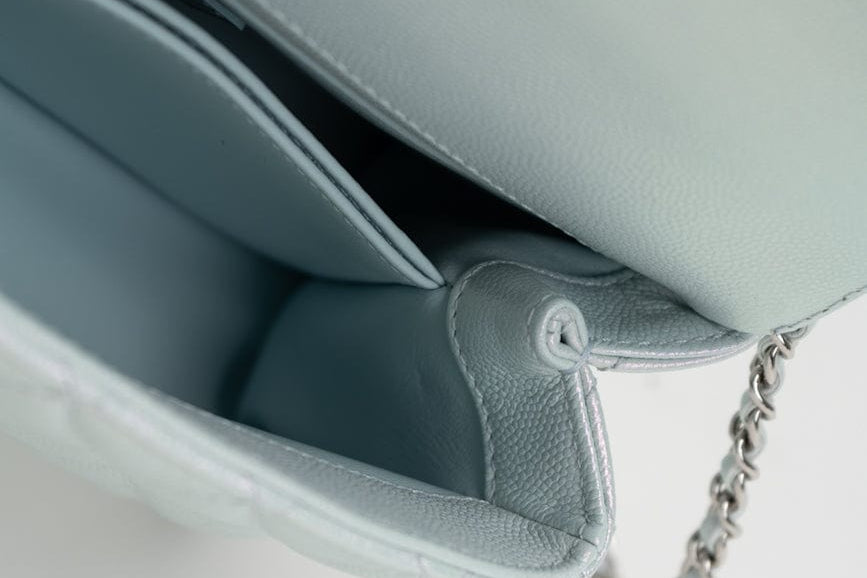 CHANEL Handbag 21K Iridescent Blue Caviar Quilted Coco Handle Small - Redeluxe