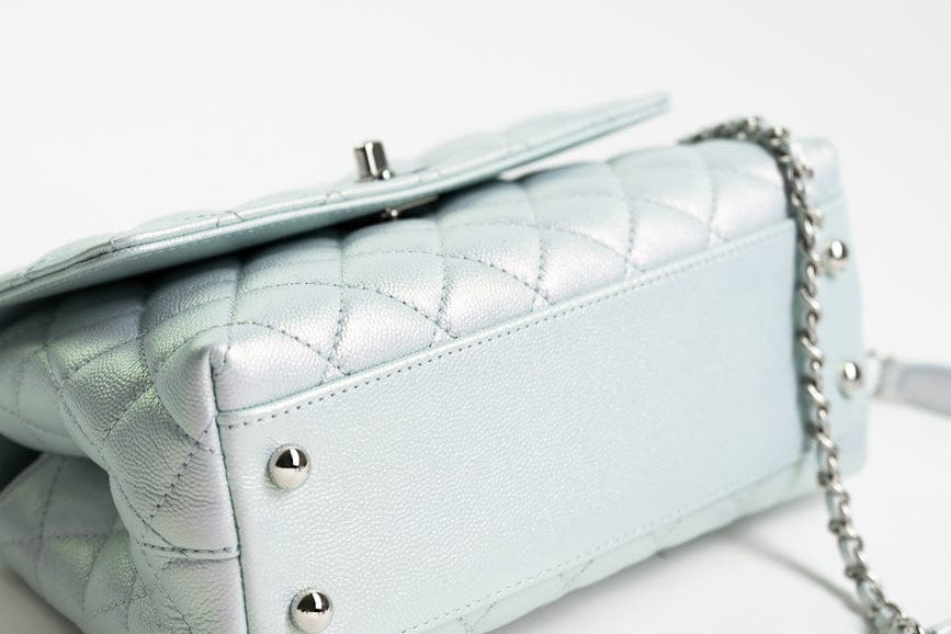 CHANEL Handbag 21K Iridescent Blue Caviar Quilted Coco Handle Small - Redeluxe